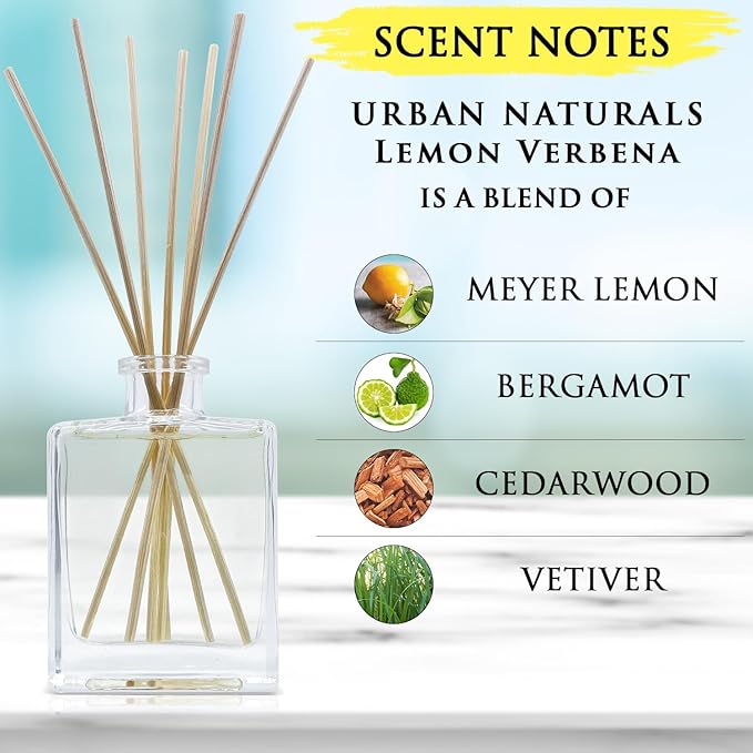 Urban Naturals Lemon Verbena Reed Diffuser Set with Reed Sticks – Tart Citrus with Bergamot & Greens – Sleek Rectangular Refillable Glass Bottle – Made in the USA UrbanNaturals