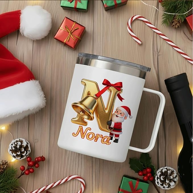 Personalized Christmas Mug | Custom Golden Bell Initial Insulated Coffee Cup with Handle & Lid | 12oz Holiday Tumbler, Cute Santa Gift for Kids & Family (B33) - Bloomnest