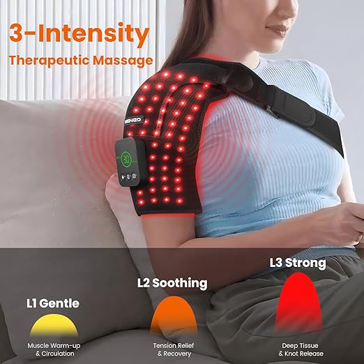 Keneo Red Light Therapy Shoulder Wrap with Heating Pad - 660nm & 850nm LED Technology, 5000 mAh Cordless Rechargeable Support for Muscle Comfort, 3 Vibration Levels & 3 Heat Settings - Bloomnest