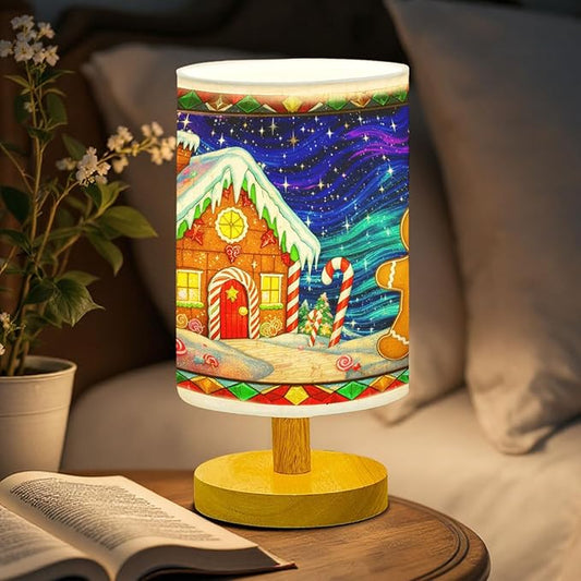 Gingerbread House & Gingerbread Man Table Lamp LED 3-Color Pressed Bedside for Merry Christmas, Gingerbread Shade Christmas Table Lamp with Wood Base for Bedroom Living Room Desk Office - Bloomnest