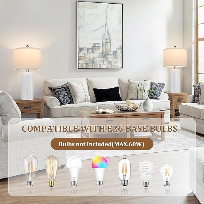 TOBUSA 23.5’’ Modern White Ceramic Lamps Set of 2, Living Room Retro Side Table Lamps, Farmhouse Bedside Nightstand White Lamps for Bedroom with Linen Shade, Elegant Decor Lamp Sets for Home Office - Bloomnest