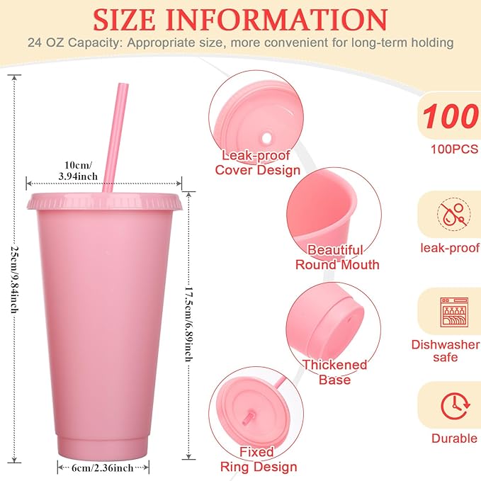 Honeydak 100 Pack Tumbler with Straw and Lid Bulk Water Bottle Iced Coffee Travel Mug Cup Reusable Plastic Cups for Party Birthdays 24-27 oz (Classic Color) - Bloomnest