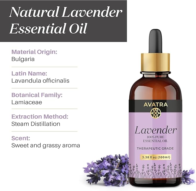 Avatra Lavender Essential Oil 100ML (3.38 OZ) with Glass Dropper and Travel Bottle, Pure and Natural Therapeutic Grade Lavender Oil for Diffuser, Aromatherapy, Massage, and DIY Candle Products - Bloomnest
