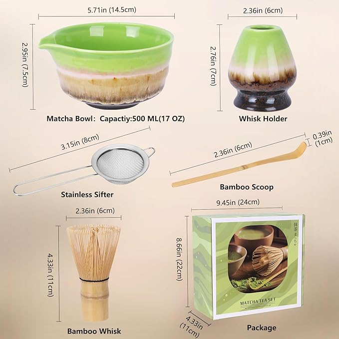 Matcha Whisk Set,Bamboo Chasen Whisk,Green Matcha Bowl with Spout, Chashaku Scoop, Sifter,Matcha Whisk and Holder – 5 PCS Matcha Kit for Matcha Lovers Making Latte Drinks,Gift for Starters Lovers - Bloomnest