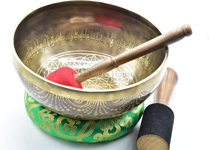 9 Inch Fine Etching Handmade Singing Bowl Yoga Meditation, with cushions and Mallet, Real Sandmade Singing Bowl from Nepal, healing bowls - Bloomnest
