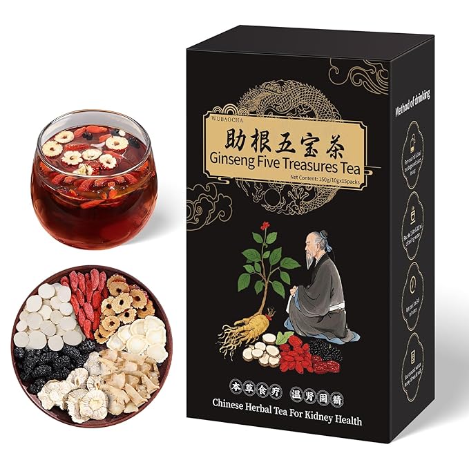 Ginseng Five Treasures Kidney Tea, Chinese Ginseng Six Treasure Tea Cleanse Detox TeaBags for Women and Men's Kidney Health, 7 Precious Ingredients Formula (15 Bags/1 Boxes) - Bloomnest
