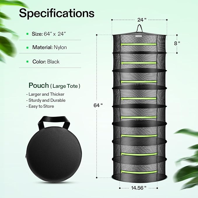 VIVOSUN 8-Layer Mesh Drying Rack Hanging Design with Green Zippers for Dehydrating, Indoor and Outdoor Pruning Shears Included - Bloomnest