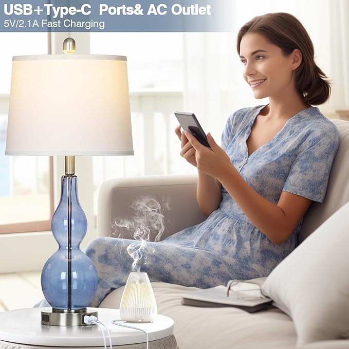 27.5" Coastal Blue Glass Double Gourd Table Lamp Set of 2,3-Way Dimmable Touch Control Bedside Lamps with USB Ports and AC Outlet, Nautical Nightstand Lamps for Bedroom Living Room - Bloomnest