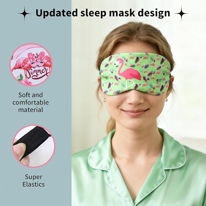 Cute Sleep Eye Masks for Kids, Kawaii Cartoon Kids Sleeping Mask for Women Boys Girls Teens, Soft Plush Adjustable Eyeshade Silk Travel Nap Eye Cover (Pink+Green Flamingo) - Bloomnest