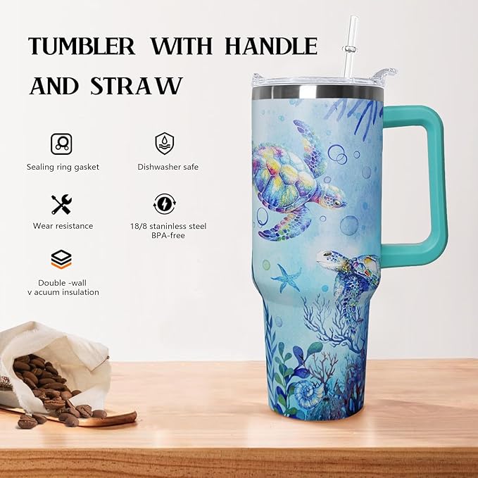 Ceovfoi 40 Oz Sea Turtle Tumbler with Handle Lid and Straw,Double Wall Vacuum Stainless Steel Watercolor Ocean Turtle Cup,Water Bottle,Travel Coffee Mug,Hawaiian Sea Turtle Decor,Accessories - Bloomnest