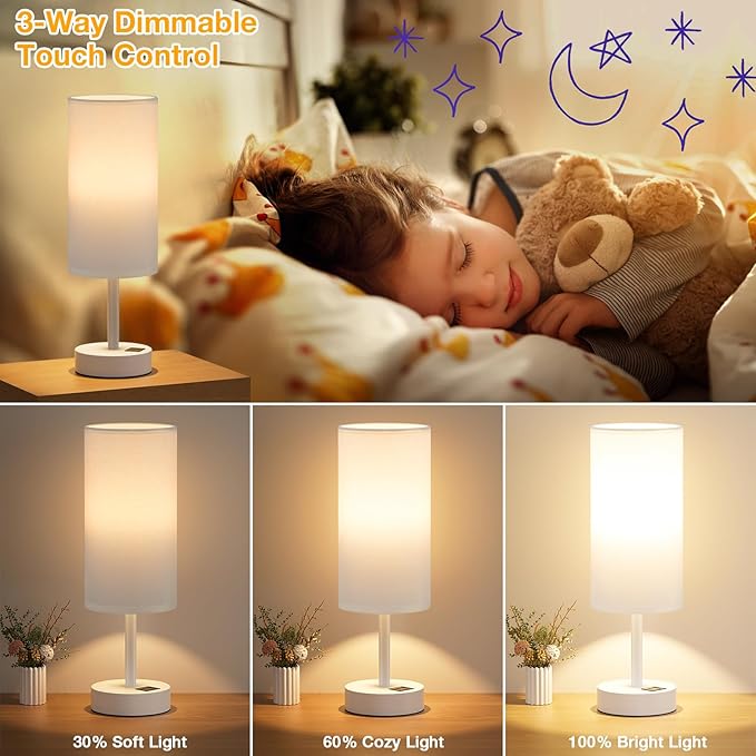 Dicoool White Touch Bedside Lamp for Bedroom - 3 Way Dimmable Table Lamp with USB, Nightstand Lamp with White Charging Station for Desk Dorm, Girl Kids Room, Small - Bloomnest