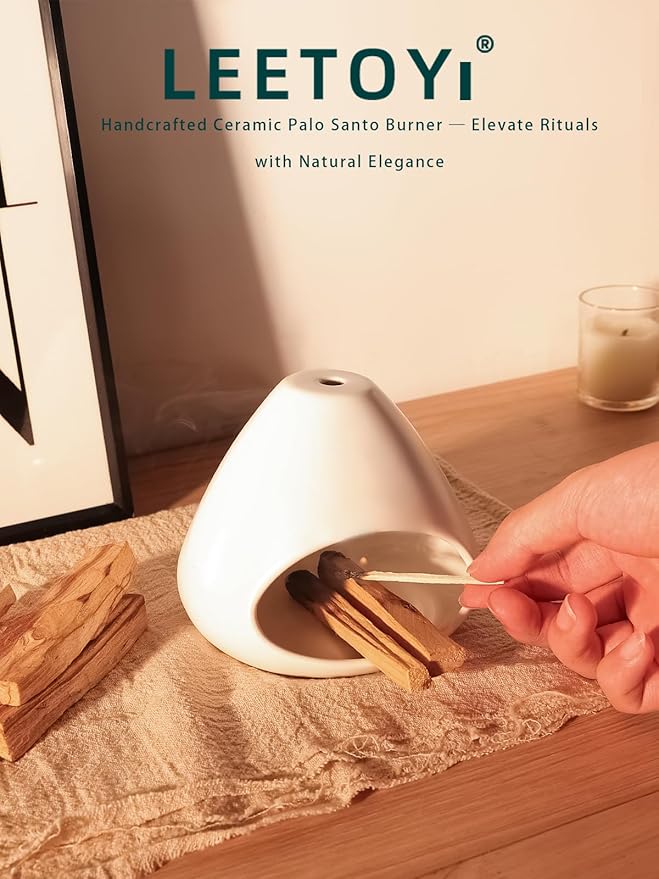 Ceramic Palo Santo Holder - Modern Incense Burner for Meditation,Yoga and Energy Cleansing - Wood Sticks Dish, Cone Burner - Inspired Home Decor Gift (White) LEETOYI