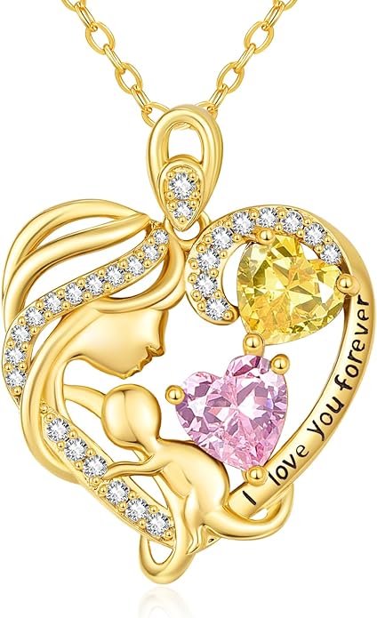 14K Gold Double Birthstone Heart Necklace for Women Mom, Mother Son/Daughter Pendant Necklace for Christmas Mother's Day Birthday Gifts for Wife Daughter Grandmom - Bloomnest