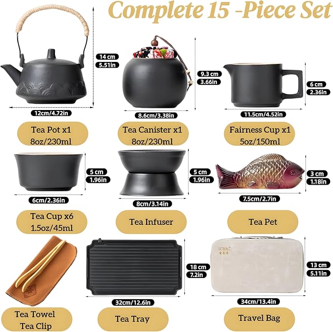 ICHAG Japanese Tea Set, Chinese Tea Sets for Adults, 15-Piece Porcelain Gongfu Tea Set with Tea Pet & Tea Tray, Japanese Teapot Set, Travel Tea Party Set, for Home/Office/Outdoor/Gifts - Bloomnest