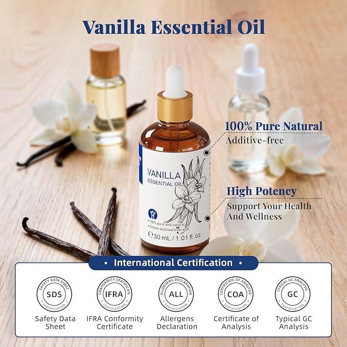 HIQILI 1 Fl Oz Vanilla Essential Oil, Undiluted Natural Strong Fragrance Add in Skin Perfume, Unscented Lotion, Candle Soap Making Scent, Relax at Home with Diffuse Warm Sweet Aroma - Bloomnest