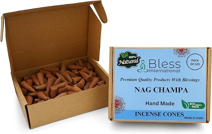 Bless-International Nag Champa 100%-Natural-Incense-Cones Handmade-Hand-Dipped Organic-Chemicals-Free for-Purification-Relaxation-Positivity-Yoga-Meditation The-Best-scents (120 Count) BlessInternational