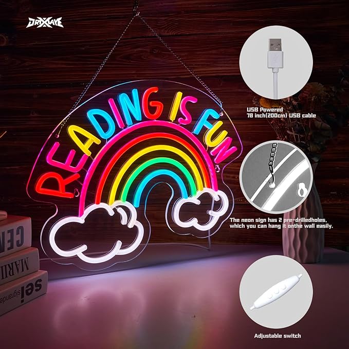 Reading Is Fun Neon Sign Read Books LED Neon Light for wall decor Smart plug timer compatible USB-Powered Suitable for Kids Boys Room Bookstore Library Museum Study Room(16.2x12.6 Inch) - Bloomnest