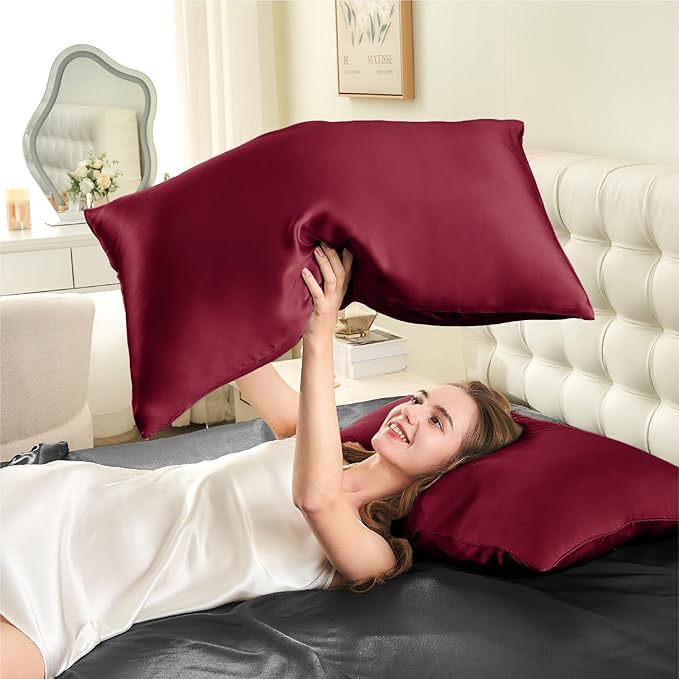 INFIIXSO Mulberry Silk Pillowcase for Hair and Skin, Silk Pillow Cases Queen Size with Hidden Zipper 20x30 Inches, Super Smooth and Soft Cooling Pillow Cases for Hot Sleepers(Burgundy, 1 Pack) - Bloomnest
