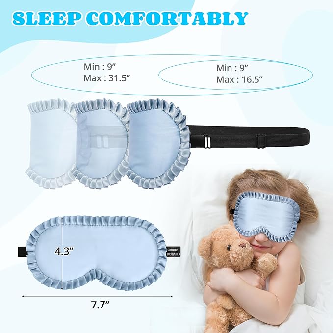 Kids Sleep Mask Eye Cover, 100% Real Mulberry Silk Sleep Mask with Adjustable Strap, Kids Blindfold for Sleeping, Boys Girls Eye Shade for Ages 5+, Soft and No Pressure (Blue) - Bloomnest