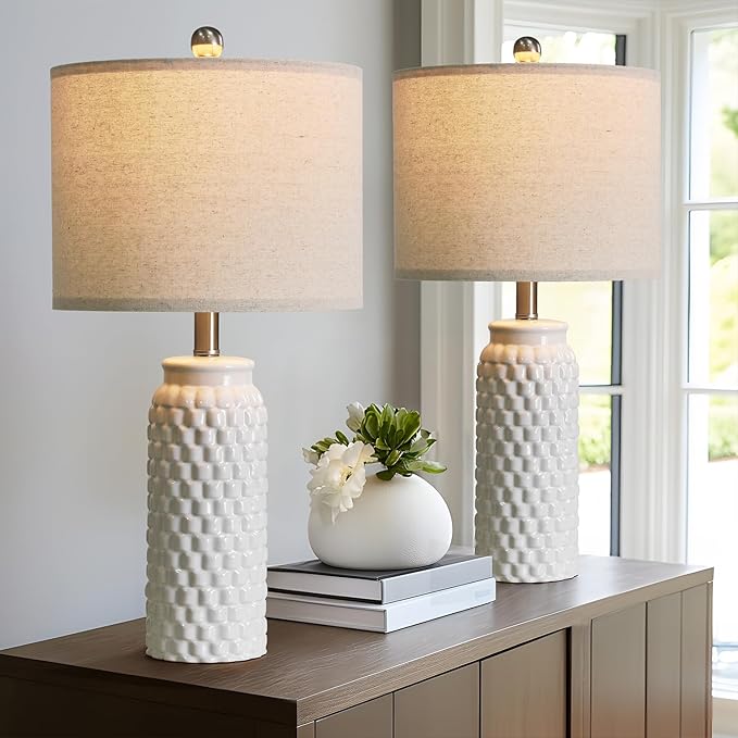 24" Modern Ceramic White Bedside Lamp Set of 2 Table Lamp for Bedroom Decor Farmhouse Table Lamp for Living Room Office Dorm - Bloomnest