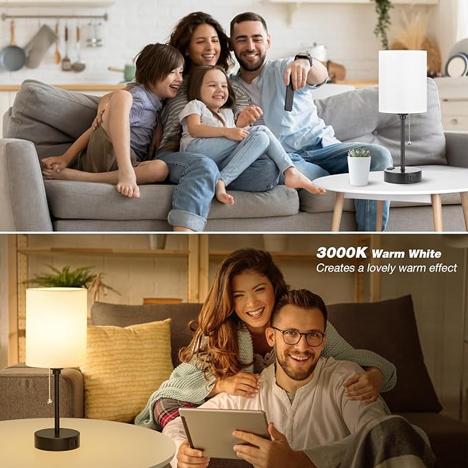 Small Bedside Table lamp for Bedroom - 3 Color Temperatures Bedside Lamps with USB C and A Ports, Pull Chain Table Lamps with AC Outlet, White Nightstand Lamps with Black Metal Base for Kids Reading - Bloomnest