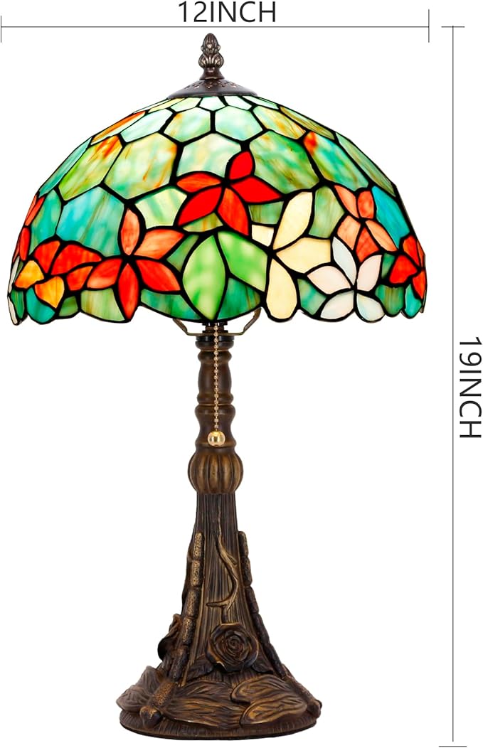 Tiffany Stained Glass Table Lamp 12X12X19 Inch Green Red Flowers Style Desk Bedroom Living Room Reading Light (Red Flowers Style) - Bloomnest