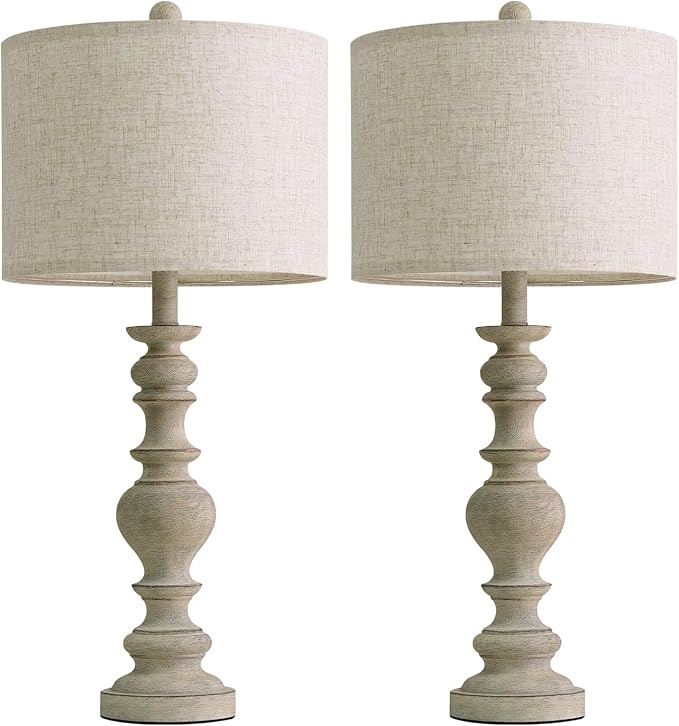 BOBOMOMO 27" Antique Gray Table Lamps Set of 2, Large Farmhouse Resin Lamps with Linen Shades, Vintage Gray Lamps for Living Room, Bedroom, or Console Table Rustic Traditional Décor - Bloomnest