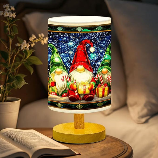 Christmas Gnomes Table Lamp LED 3-Color Pressed Bedside for Merry Christmas, Christmas Gnomes Shade Christmas Table Lamp with Wood Base for Bedroom Living Room Desk Office - Bloomnest