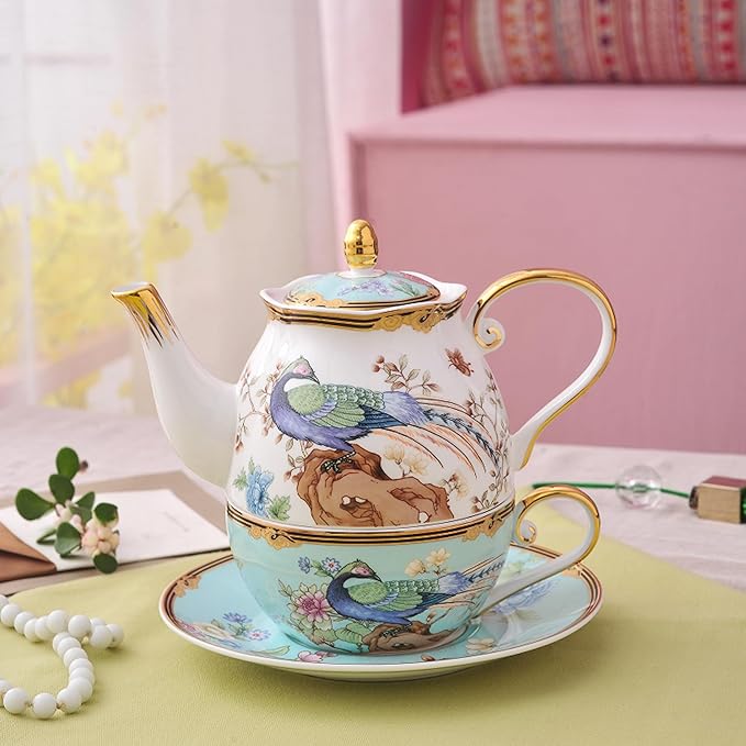 ACMLIFE Tea Set For One - Bone China Teapot & Cup, Vintage Floral Design, 12 Oz, Blue & White, Gifts For Women (Light blue) - Bloomnest