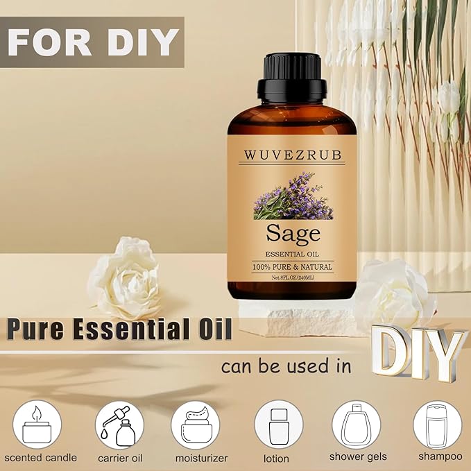 Sage Essential Oils, 240ML Pure and Natural Essential Oil for Aromatherapy Diffuser - Sage /8 Fl Oz - Bloomnest