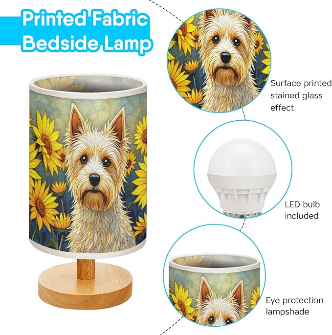 Silky Terrier Table Lamp LED 3-Color Pressed Bedside, Dog Shade Lamp with Wood Base for Bedroom Living Room Desk Office - Bloomnest