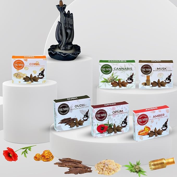 Exotic - Backflow Incense Cones for Waterfall - Scented Inscents-Cones - Copal, Amber, Musk, Oud - Insiensos Aromaticos - 6x10=60 Large Variety Pack TRUMIRI