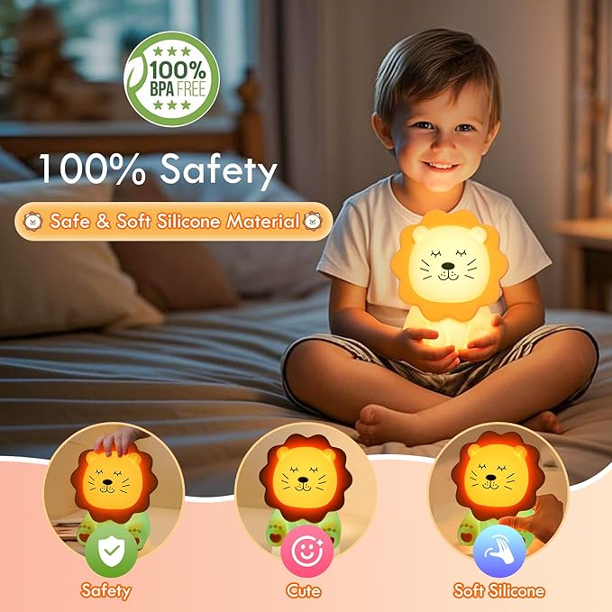 Night Light for Kids, 7 Colors Soft Silicone Kids Night Light with 3 Level Dimmable, Rechargeable Anti-glare Nursery Night Light with Warm White & Multicolor, Squishy Cute Lion Bedside Touch Lamp - Bloomnest
