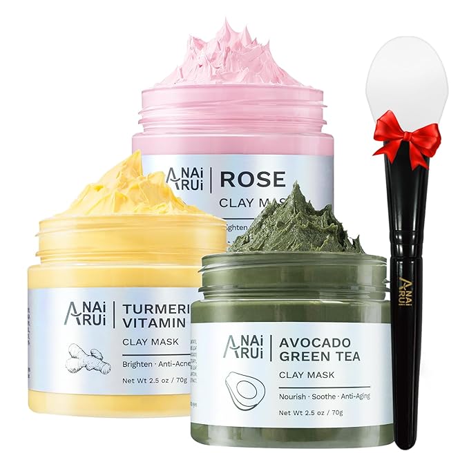 ANAI RUI 3 Pack Clay Mask Set Turmeric Vitamin C Clay Mask -Rose Facial Mask -Avocado Green Tea Mud Mask Smoothing, Hydration & Glow,Spa Gift Set, Valentines Day Gifts for Women/her 2.5 oz Each
