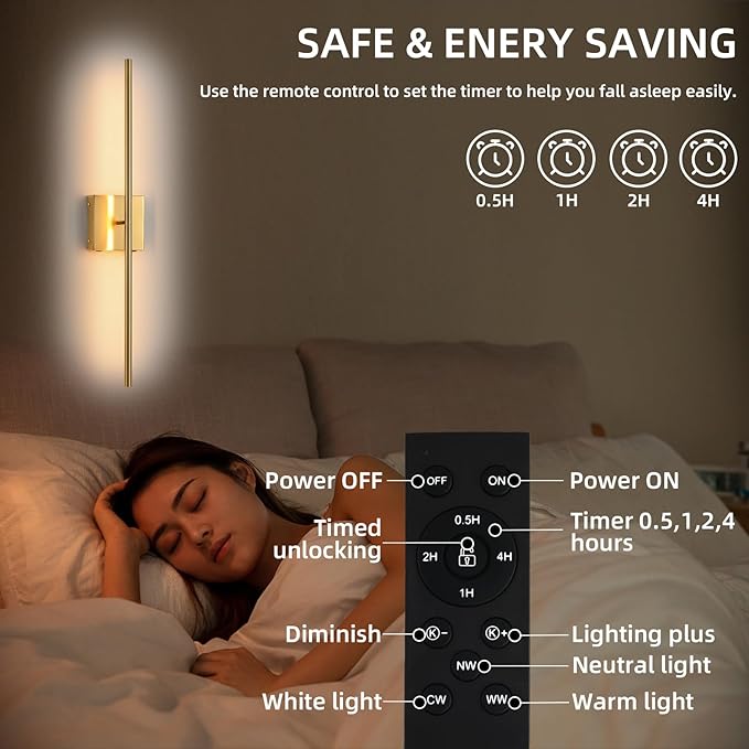 Battery Operated Wall Sconces set of 2, 16000mAh Brushed Gold Rechargeable Wall Sconce with Remote Control, 3000K-6000K Dimmable LED Wireless Wall Light for Living Room Hallway Bedroom Stairs 29 Inchs - Bloomnest