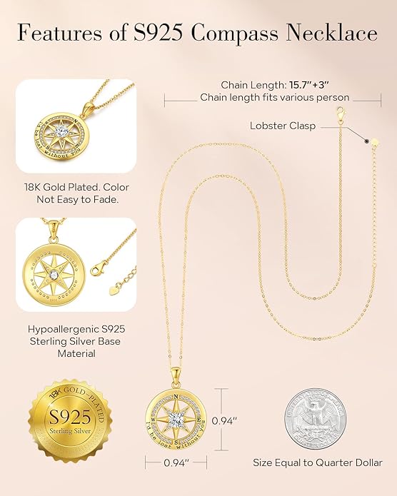 S925 Necklace Gift for Wife |Compass Jewelry |Women Anniversary |Sterling Silver |Girlfriend Birthday Gifts for Her Valentines |I'd be Lost without You |Jewel 18K Gold - Bloomnest
