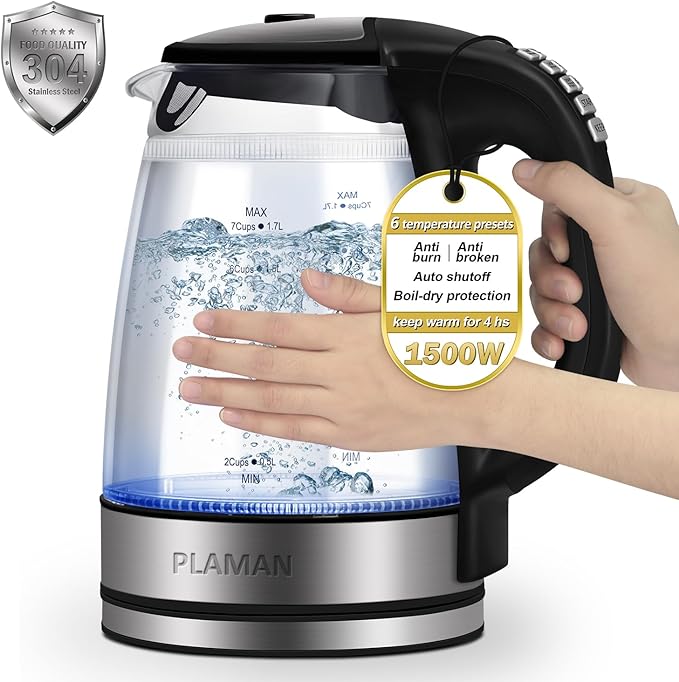 1500W Electric Kettle with Temperature Control - 6-Temp Presets for Tea/Coffee, Double Wall Cool-Touch, 4H Keep Warm, 1.7L Borosilicate Glass & BPA-Free, Fast Boil for Home/Office - Bloomnest