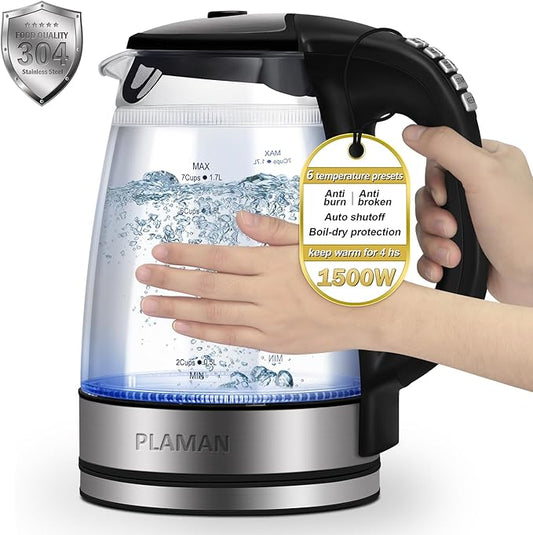 1500W Electric Kettle with Temperature Control - 6-Temp Presets for Tea/Coffee, Double Wall Cool-Touch, 4H Keep Warm, 1.7L Borosilicate Glass & BPA-Free, Fast Boil for Home/Office - Bloomnest