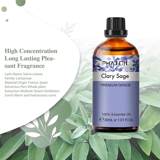 Clary Sage Essential Oil, 1.01Fl.Oz (30ML) PHATOIL Pure Essential Oil Singles for Aromatherapy Diffusers, Humidifiers, Great for DIY Candle and Soap Making, Gift for Friend PHATOIL