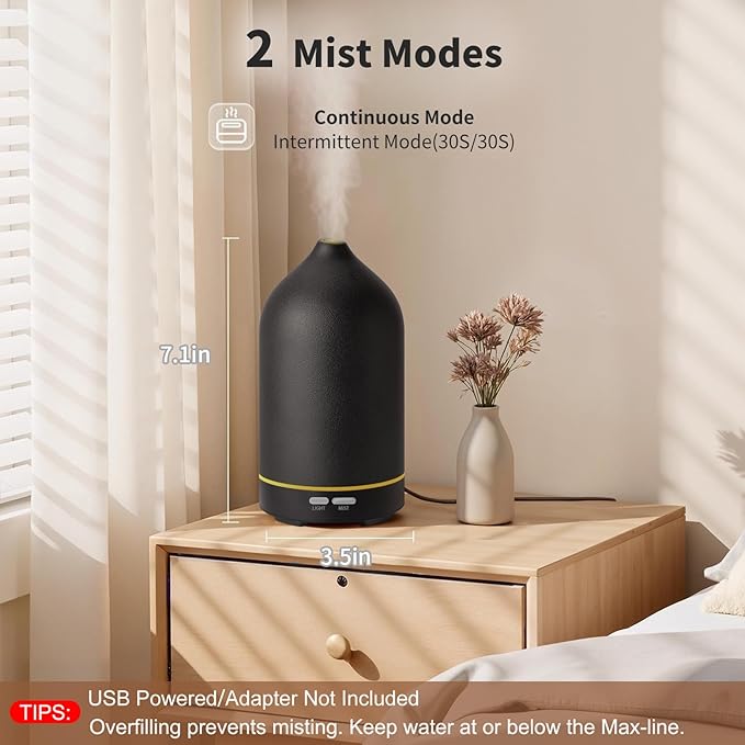 URPOWER 120ML Essential Oil Diffuser, Ultrasonic Aromatherapy Diffuser with Sleek Black Ceramic Design, 7-Color LED Lights, Auto Shut-Off, Humidifier for Home & Office, Scent Diffuser for Relaxation - Bloomnest