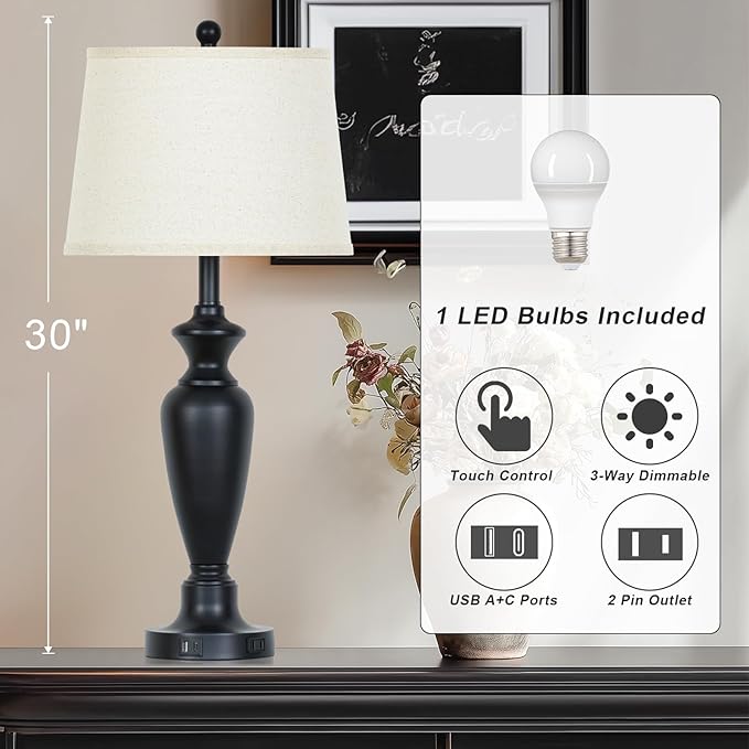30" Tall Black Table Lamp, 3-Way Dimmable Touch Control Bedside Lamp with USB A+C & AC Outlet for Bedroom, Living Room (1 Pack) - Bloomnest