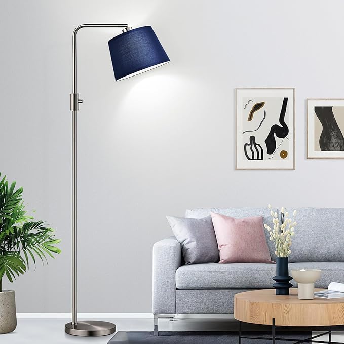 Nintiue Dimmable Floor Lamp, 1000 Lumens LED Edison Bulb Included, Brushed Nickel Arc Standing Tall Floor Lamp with Blue Shade for Living Room Bedroom Office Dining Room - Bloomnest