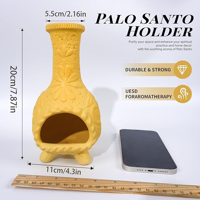 Yellow Floral Reliefs Palo Santo Burner Holder-Mexican Mini Chiminea Inspired,Chimney for Smudging Sage/Incense Cones/Sticks for Altar/Zen Rituals, Handmade Decor for Witchcraft Supplies - Bloomnest