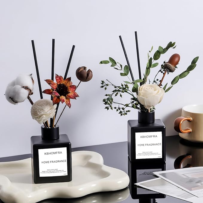 Reed Diffuser Set with Dried Flowers, Jasmine Gardenia Sandalwood Scent, Black Glass Bottle, 5.07fl oz, Aromatherapy Home Fragrance for Bedroom Bathroom (Sandalwood) - Bloomnest