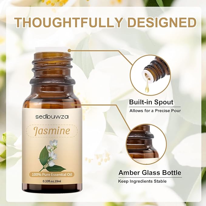 Sedbuwza Jasmine Essential Oil, Pure Organic Jasmine Fragrance Oil for Diffuser, Humidifier, Soap, Candle, Perfume Sedbuwza
