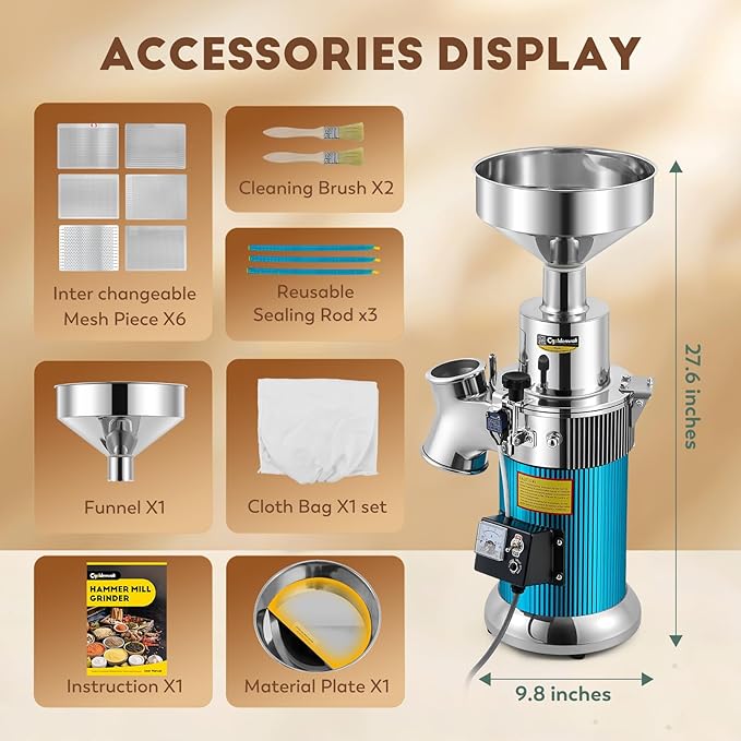 CGOLDENWALL Hammer Mill Grinder, 2000W Commercial Electric Herb Grinder, 44 Lbs/H, Continuous Feeding, with Funnel & 6 Sieve Meshes, Pulverizer for Dry Herb Grain Spice Nutmeg,110V - Bloomnest