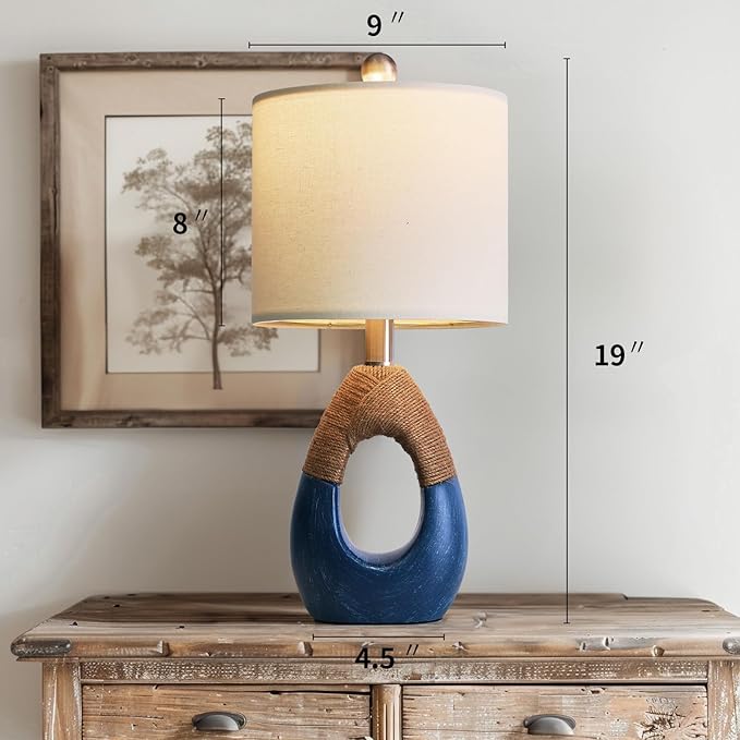 OYEARS 19" Table Lamp for Living Room,Boho Lamp for Bedroom, Bedside for Nightstands, Suitable for Small Space,Coastal Farmhouse, End Table, Rattan Nautical Beach Style, Blue,1 Pack - Bloomnest