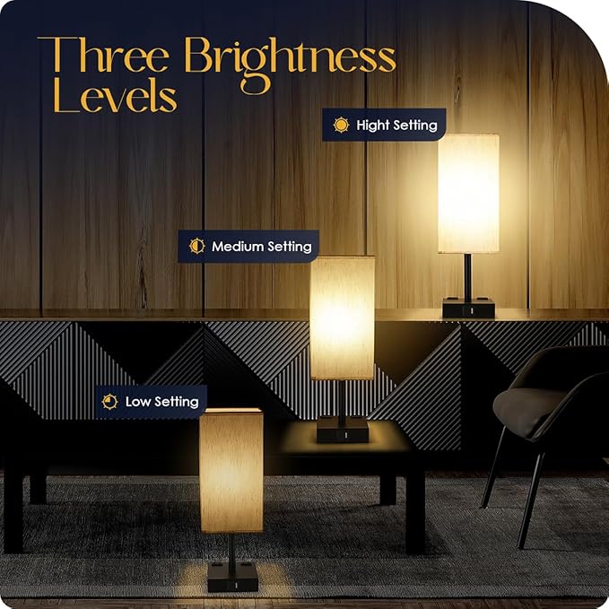 Bedside Table Lamp for Bedroom - Touch Small Lamp with USB C+A Charging Ports & AC Outlets, 3 Way Dimmable Nightstand Light for Living Room (LED Bulb Included, Flaxen) - Bloomnest