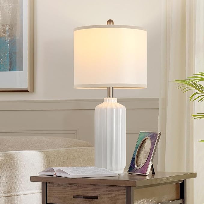 Lamp for Living Room Bedroom Lamps Farmhouse Table Lamps Set of 2 Vertical Stripe Ceramic Table Lamp,Linen Shade with Bulb, 25 in High, White - Bloomnest