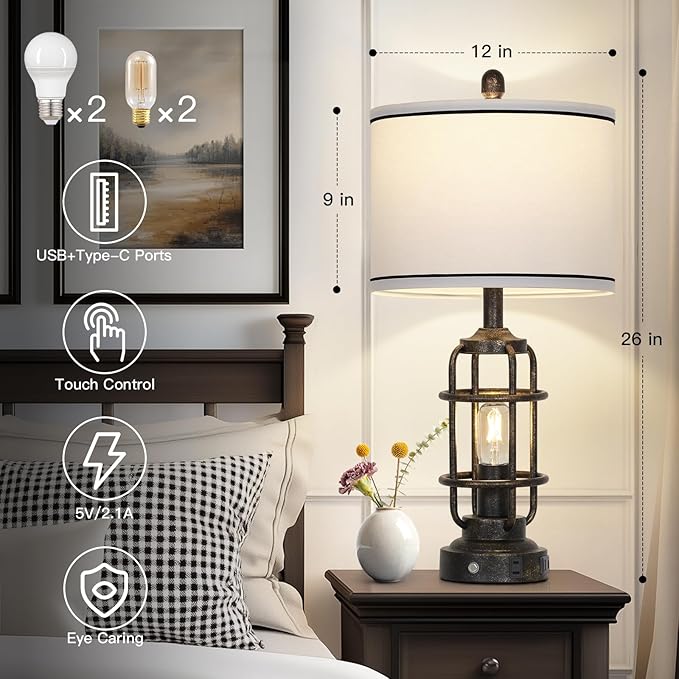 26" Vintage Industrial Table Lamps Set of 2, Farmhouse 3 Way Dimmable Touch Control LED Night Lights Table Lamp with USB A+C Ports & AC Outlet, Rustic Retro Beside Nightstand Lamp for Bedrooms Bronze - Bloomnest
